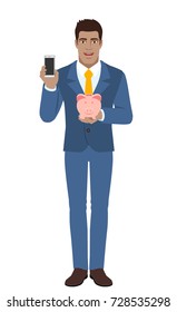 Businessman holding mobile phone and piggy bank. Full length portrait of Black Business Man in a flat style. Vector illustration.