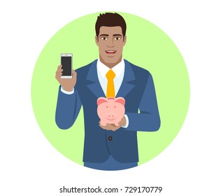 Businessman holding mobile phone and piggy bank. Portrait of Black Business Man in a flat style. Vector illustration.