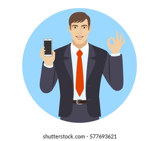 Businessman holding mobile phone and show a okay hand sign. Portrait of businessman in a flat style. Vector illustration.