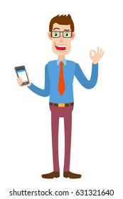 Businessman holding mobile phone and showing a okay hand sign. Full length portrait of Cartoon Businessman Character. Vector illustration in a flat style.