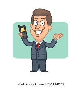 Businessman holding mobile phone and shows ok