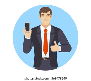 Businessman holding mobile phone and shows thumb up. Portrait of businessman in a flat style. Vector illustration.