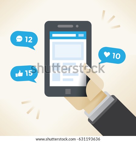 Businessman holding mobile phone with social network notifications on screen - new chat messages, article likes, appreciations. Idea - media services in modern business (Facebook, Twitter, Instagram).