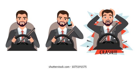 businessman holding mobile phone while driving car. crash