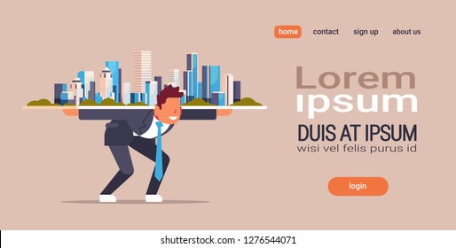 businessman holding modern city building skyscraper on shoulders real estate agent concept flat horizontal copy space