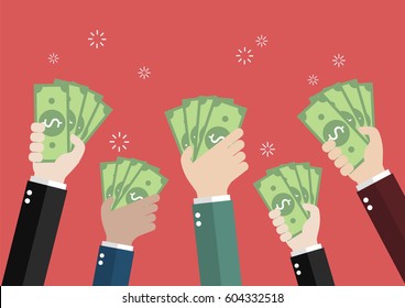 Businessman holding money for auction bidding. Vector illustration