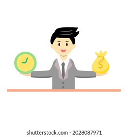 Businessman holding money bag and clock with his 2 hands. Time and money management concept. trying balance between time and money.