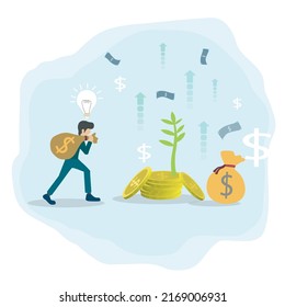 Businessman holding money bag to fill in money heap and coin, increase arrow and tree icon.Business and investment concept vector.
