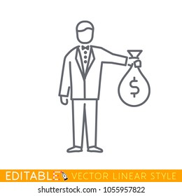 Businessman holding money bag on white background. Editable stroke sketch icon. Stock vector illustration.