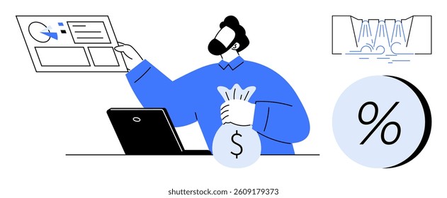 Businessman holding a money bag, pointing at data on a chart, seated at laptop. Waterfall chart and percentage icon. Ideal for finance, investment, earnings, income, profit, analysis, business