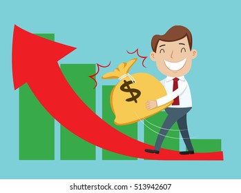 Businessman holding money climbing up chart showing a rising, vector illustration cartoon