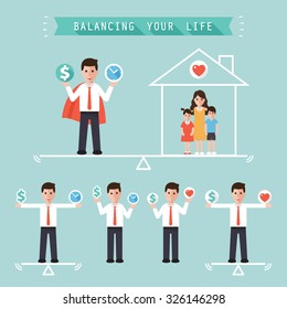 Businessman holding money dollar sign and time balancing with family at home. Idea balance your life business concept. Flat design people characters.