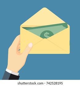 Businessman holding money in envelope, isolated on  background. Cash american dollars. Financial gift. Finance concept. Open paper envelope with money. Flat style vector illustration.