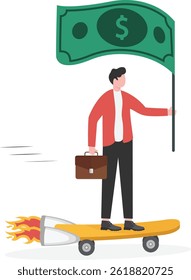Empresário segurando bandeira de dinheiro avançando no skate

