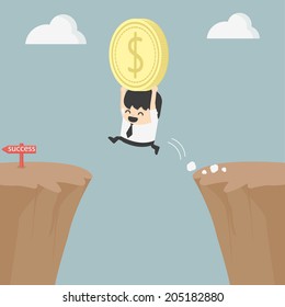 Businessman holding money jumping over the cliff