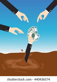 businessman holding money sinking in quicksand need help with rescue hand