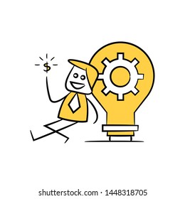 businessman holding money sitting next to light bulb gear yellow stick figure theme