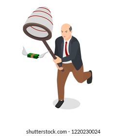 Businessman holding a net catches money with wings. The man runs for the money that flies away from him.