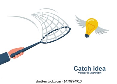 Businessman holding a netting for catch idea. Vector illustration flat design. Isolated on white background. Flying idea. Creative light bulb with wings. Cartoon style.