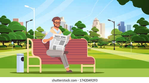 businessman holding newspaper reading daily news press mass media concept man sitting on wooden bench in park cityscape background horizontal full length vector illustration