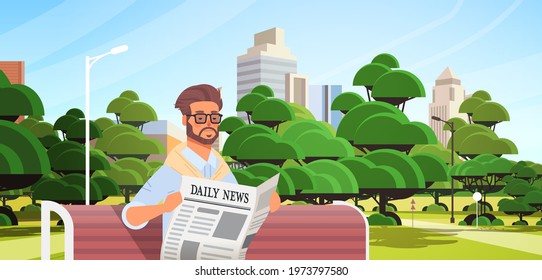 businessman holding newspaper reading daily news press mass media concept man sitting on wooden bench