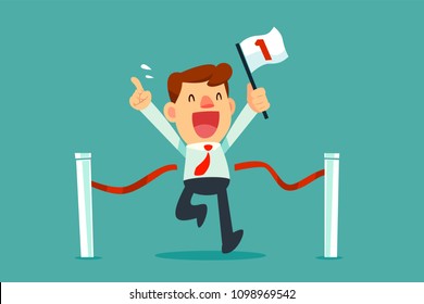 Businessman holding number one flag running and crossing finish line in first place. Business success concept.