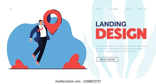 Businessman holding on to huge location pin. Male user of navigation app with destination mark flat vector illustration. Technology, transportation concept for banner, website design or landing page