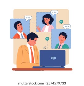 Businessman holding online conference. Virtual chat or videocall. Business meeting working team, education webinar. Colleague communication. Cartoon flat style isolated vector concept