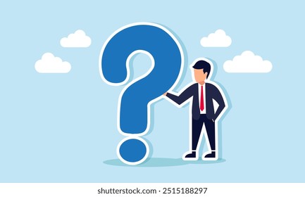 A businessman holding onto a large question mark, illustration of Someone still uncertain, facing major questions about business or work issues and how to resolve them