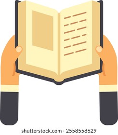 Businessman holding an open book with text and image, enjoying reading, studying, gaining knowledge or preparing for a presentation, promoting education and business in a simple yet powerful image