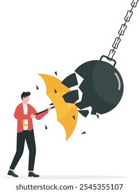 Businessman holding an open red umbrella which protects from a collision with a broken wrecking ball. Safety measures. IT defense. Insurance and protection.

