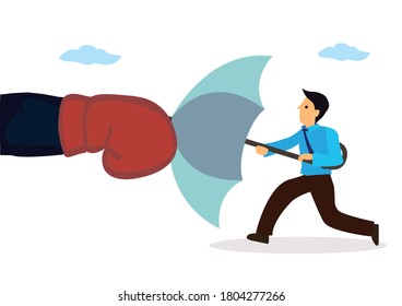 Businessman holding an open umbrella which protects from attacking fist. Concept of competition or sabotage. Safety defense measures. Flat vector illustration.
