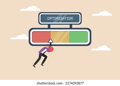 Businessman holding optimization gauge needle so as not to turn red. Optimization business concept. Colored flat graphic vector illustration isolated.