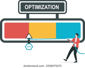 Businessman holding optimization gauge needle so as not to turn red. Optimization business concept.
