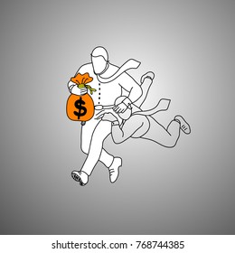 businessman holding orange bag of money and other tackling vector illustration doodle hand drawn with black lines isolated on gray background. Business concept.