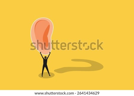 Businessman holding oversized question marks near large ear, concept of communication, misunderstanding, contemplation. Contemporary art collage