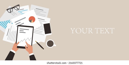 Businessman holding pad analyzing data, diagram, vector illustration