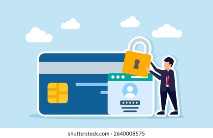 Businessman holding padlock beside app login interface and debit or credit card illustration of customer data confidentiality in saving and investment