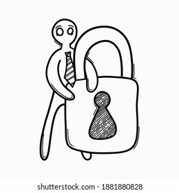 Businessman holding padlock. Doodle vector icon. Drawing sketch illustration hand drawn cartoon line.