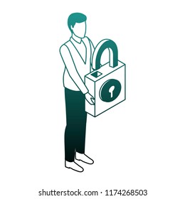 Businessman holding padlock isometric blue lines