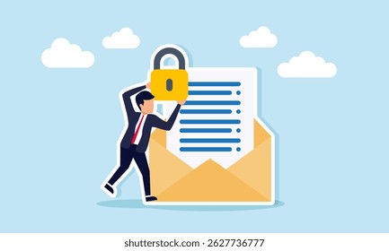 Empresário segurando cadeado ao lado do envelope com ilustração de documento em papel de proteger a confidencialidade das informações comerciais