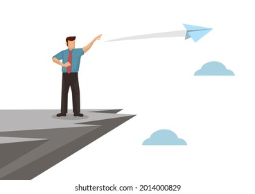 Businessman holding paper aircraft, launching it on top of the mountain. Vector illustration.