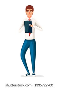 Businessman holding a paper check list. Blue classic costume with red tie and white shirt. Flat vector illustration isolated on white background. Cartoon character design.