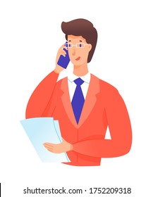 Empresario sosteniendo un documento de papel hablando por teléfono. Gerente, trabajador de oficina con llamada móvil. Comunicación comercial, discusión de contratos o datos analíticos. Retrato vectorial aislado en fondo blanco