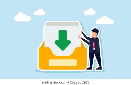 Businessman holding a paper with a downward arrow from a folder, illustration of preparing documents to download as part of business file requirements