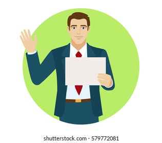 Businessman holding a paper and greeting someone with his hand raised up. Portrait of businessman in a flat style. Vector illustration.
