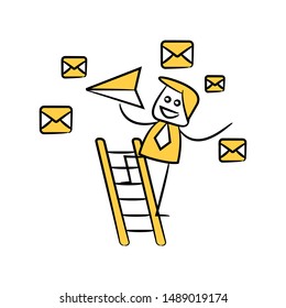 businessman holding paper plane and email on ladder for sending email concept yellow stick figure design