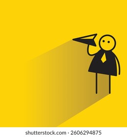 businessman holding paper plane stick figure icon with shadow yellow background