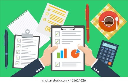 Businessman holding paper sheet in hands, paperwork, consultant, financial audit, financial research report, auditing tax process, data analysis, seo analytic, market stats calculate in vector