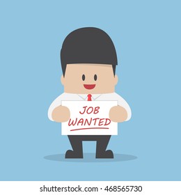 Businessman holding a paper with text JOB WANTED, job search concept